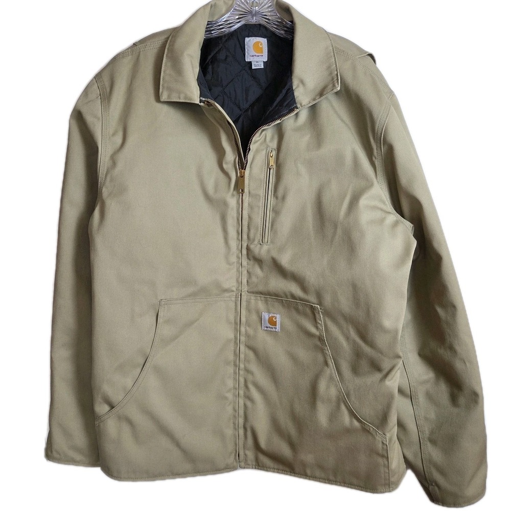 Carhartt XL Beige Zip Work Jacket‎ Quilted Lining Heavyweight Insulated Logo